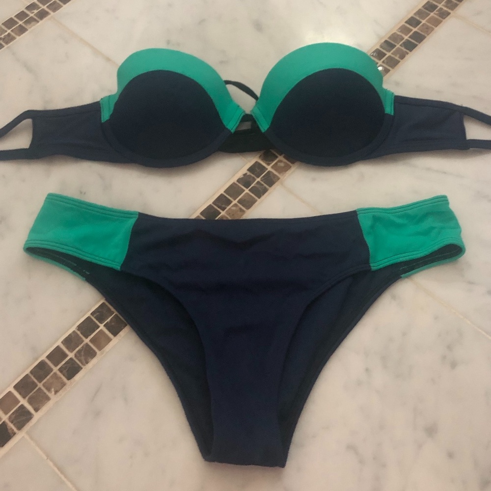 navy and turquoise bikini